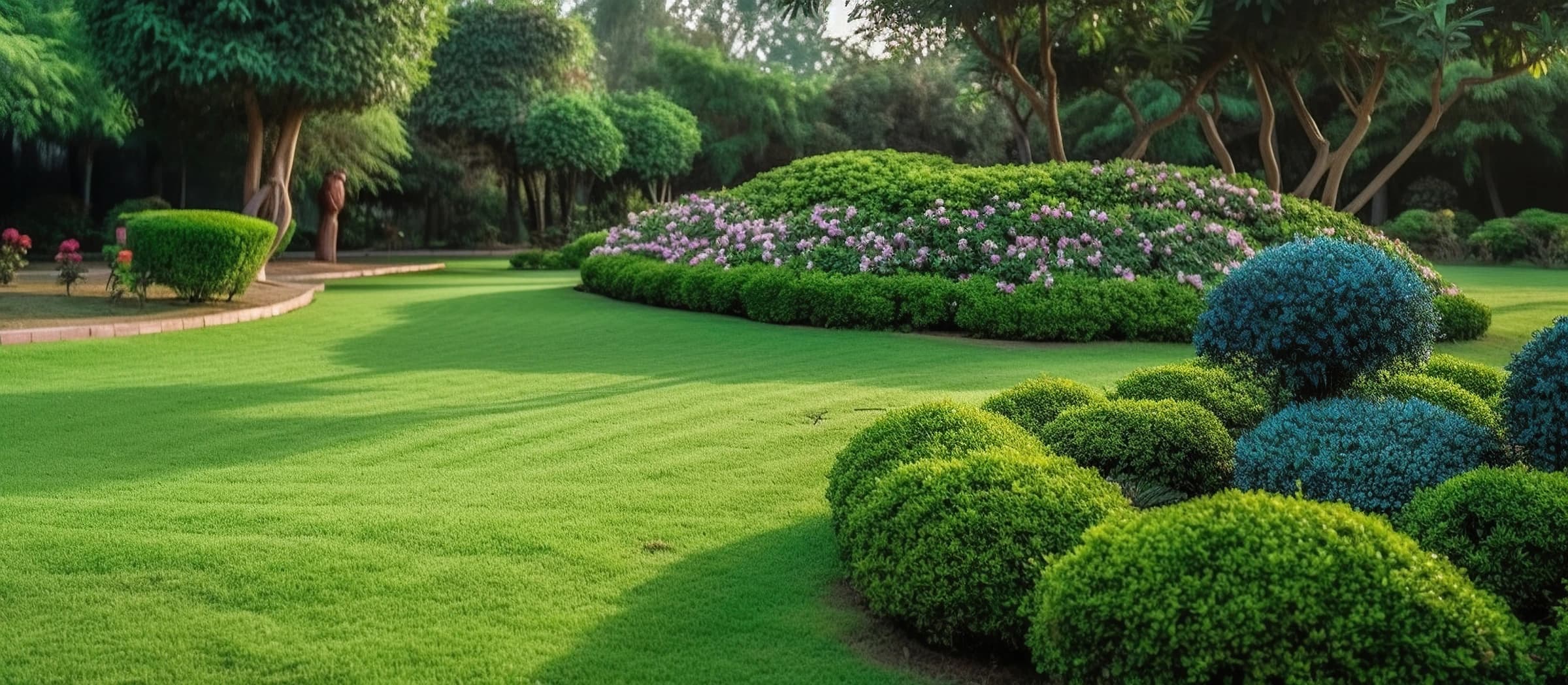 A broad striped lawn curving past clipped round shrubs and a flowering hedge bed